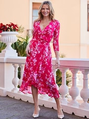Sosandar Pink Floral Print Ruffle Hem Wrap Dress - Image 1 of 5