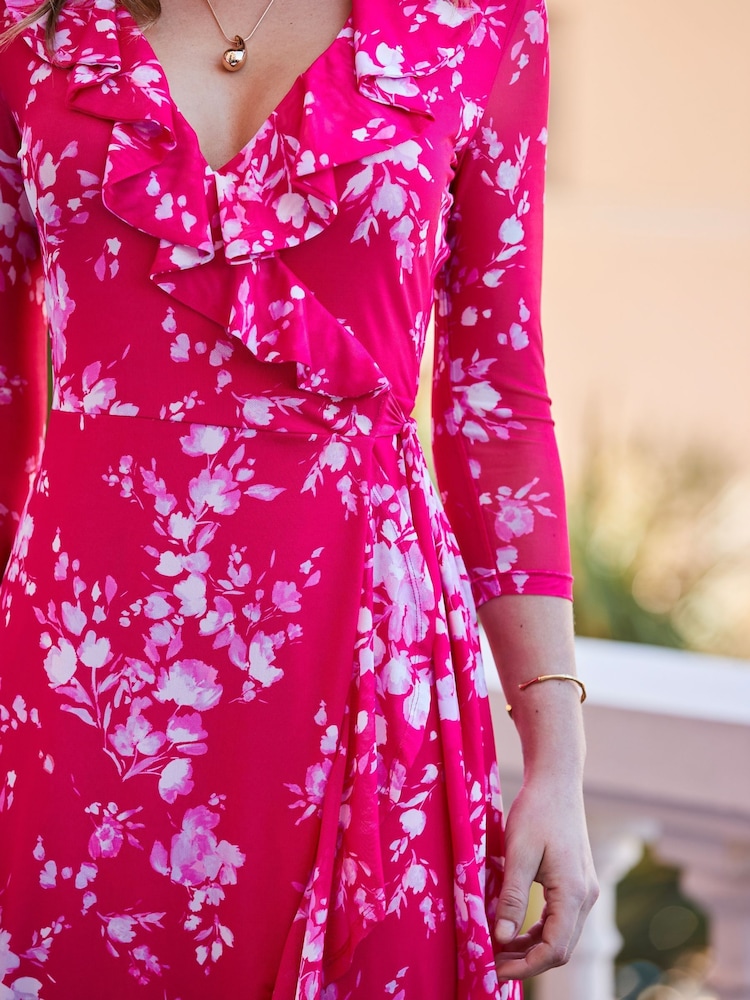 Sosandar Pink Floral Print Ruffle Hem Wrap Dress - Image 4 of 5
