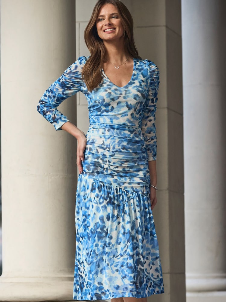 Sosandar Blue Leopard Print Ruffle Front Midi Dress - Image 2 of 5 Sosandar Blue Leopard Print Ruffle Front Midi Dress - Image 2 of 5
