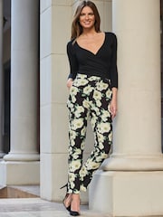 Sosandar Black Floral Print Tapered Trousers - Image 4 of 4