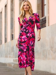 Sosandar Pink Floral Print Twist Front Dress - Image 2 of 4