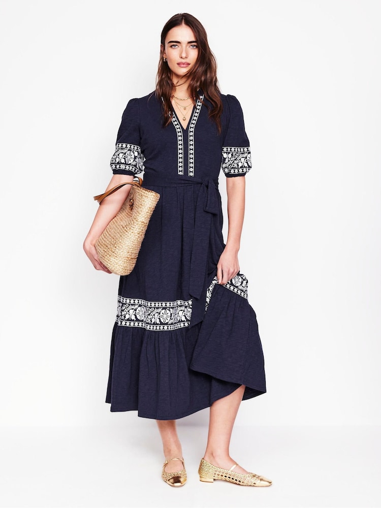 Boden Blue Amara Embroidered 100% Cotton Jersey Dress - Image 1 of 6