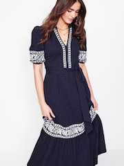 Boden Blue Amara Embroidered 100% Cotton Jersey Dress - Image 2 of 6