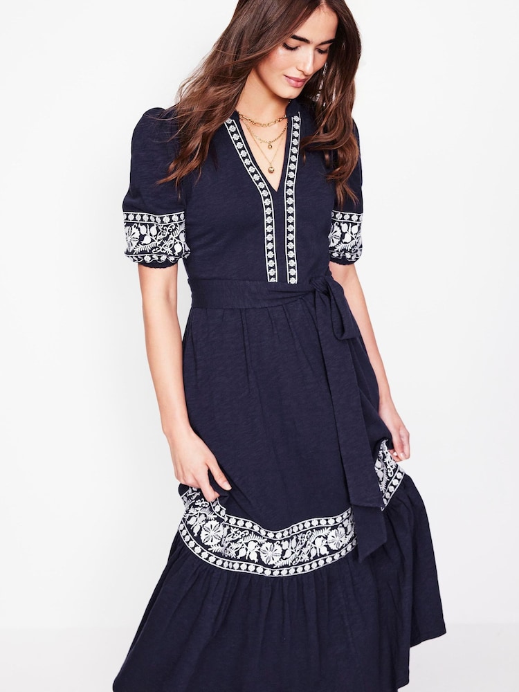 Boden Blue Amara Embroidered 100% Cotton Jersey Dress - Image 2 of 6