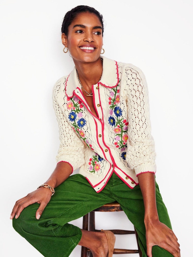 Boden Cream Embroidered 100% Cotton Cardigan - Image 1 of 6