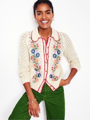 Boden Cream Embroidered 100% Cotton Cardigan - Image 3 of 6