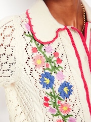 Boden Cream Embroidered 100% Cotton Cardigan - Image 4 of 6