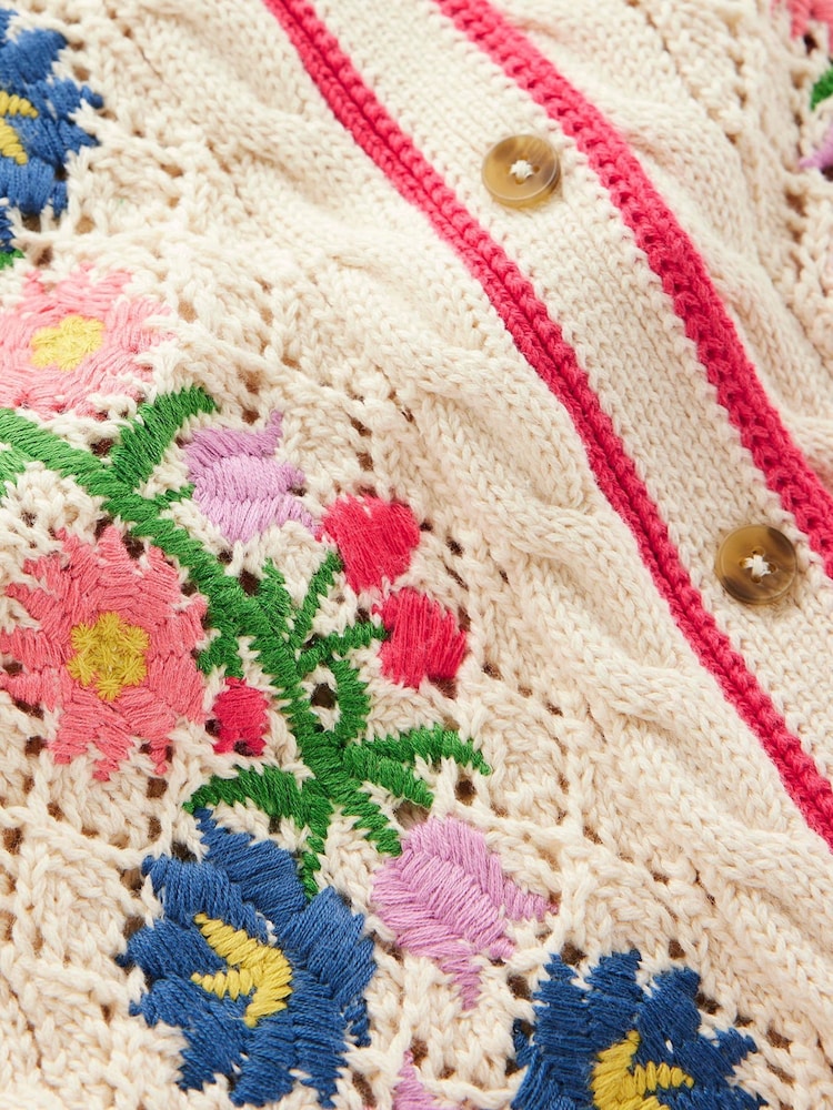 Boden Cream Embroidered 100% Cotton Cardigan - Image 6 of 6