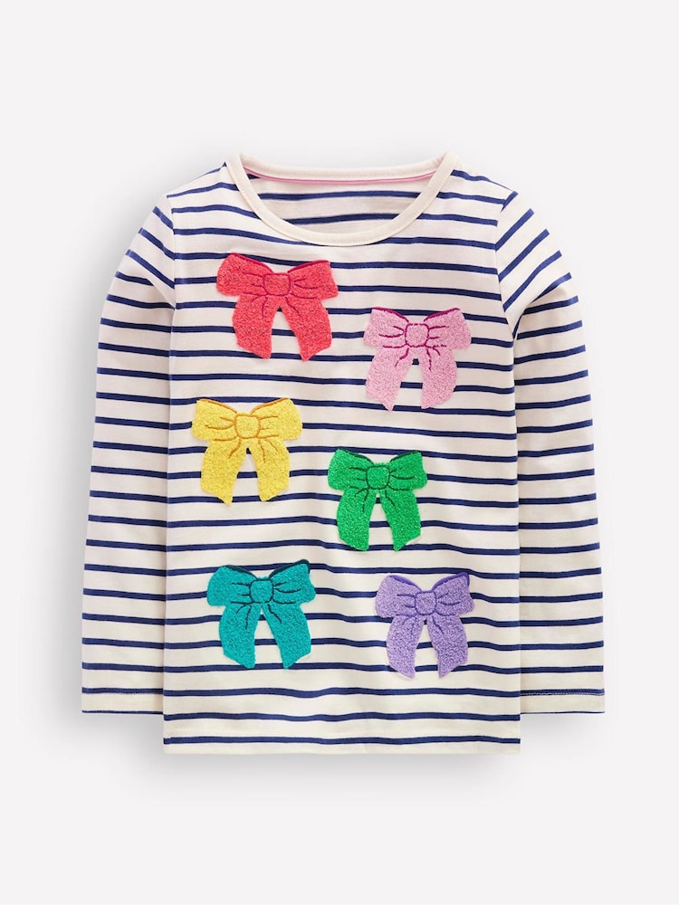 Boden Blue Bow Ari Long Sleeve Boucle 100% Cotton T-Shirt - Image 1 of 3