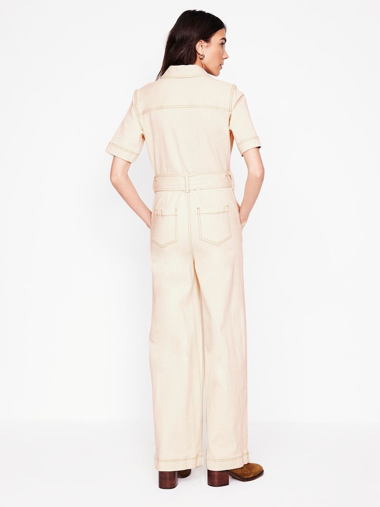 Boden Cream Short Sleeve Denim Jumpsuit - Image 3 of 6