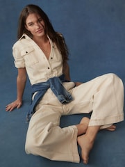 Boden Cream Short Sleeve Denim Jumpsuit - Image 5 of 6