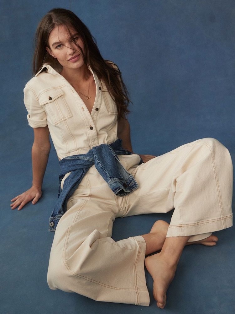 Boden Cream Short Sleeve Denim Jumpsuit - Image 5 of 6