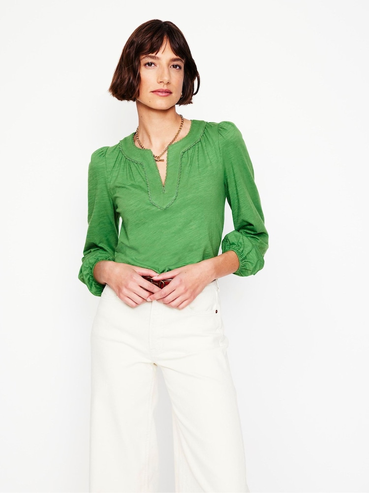 Boden Green Ava Long Sleeve Trim 100% Cotton Top - Image 1 of 5