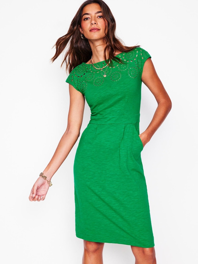 Boden Green Florrie Broderie 100% Cotton Dress - Image 4 of 5