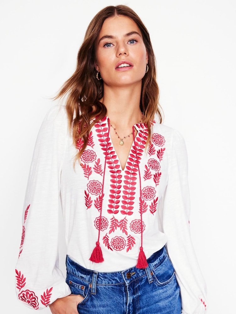 Boden White Nia Embroidered 100% Cotton Top - Image 1 of 6