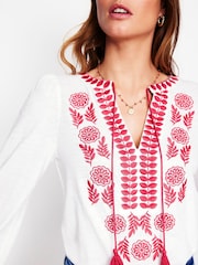 Boden White Nia Embroidered 100% Cotton Top - Image 3 of 6