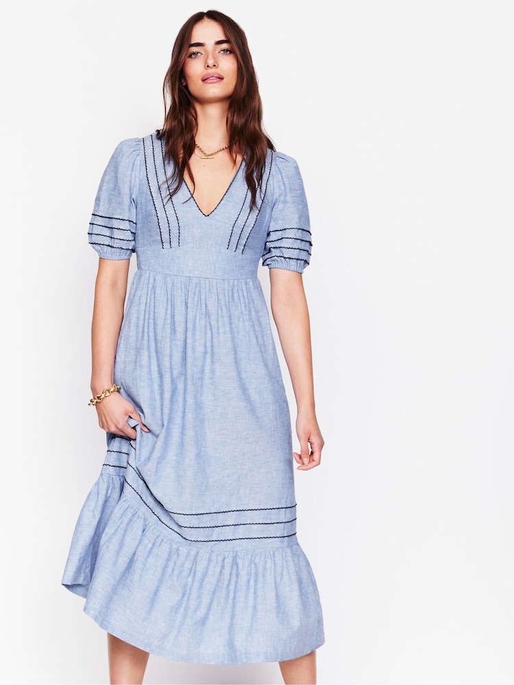 Boden Blue Smocked Waist Linen Dress - Image 1 of 5