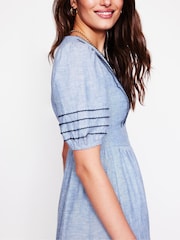 Boden Blue Smocked Waist Linen Dress - Image 2 of 5