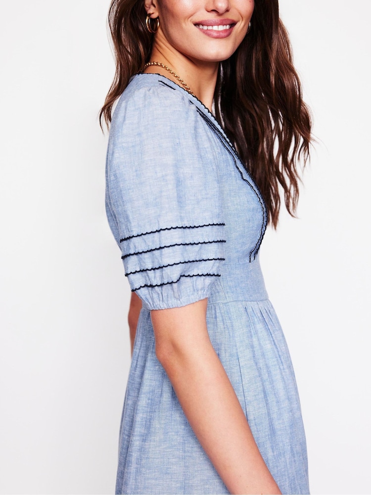 Boden Blue Smocked Waist Linen Dress - Image 2 of 5