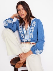 Boden Blue Nia Embroidered 100% Cotton Blouse - Image 1 of 6