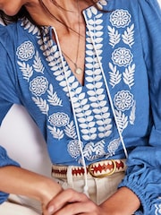 Boden Blue Nia Embroidered 100% Cotton Blouse - Image 2 of 6