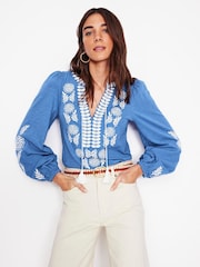 Boden Blue Nia Embroidered 100% Cotton Blouse - Image 4 of 6