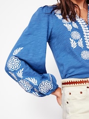 Boden Blue Nia Embroidered 100% Cotton Blouse - Image 5 of 6