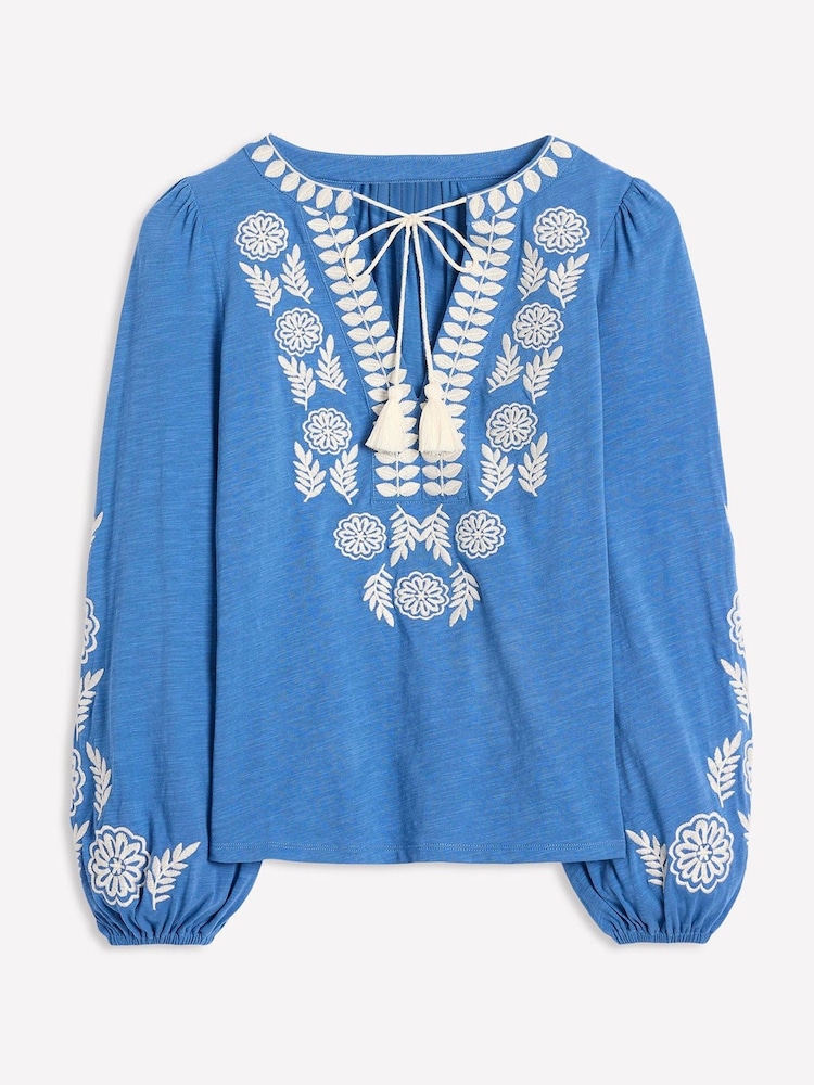Boden Blue Nia Embroidered 100% Cotton Blouse - Image 6 of 6