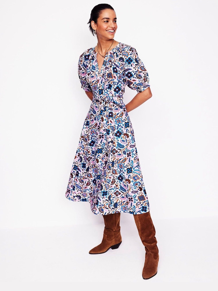 Boden Cream Bria Puff Sleeve 100% Cotton Midi Dress - Image 1 of 5