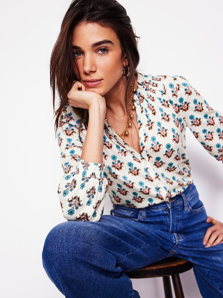 Boden Cream Fay Smocked Jersey Shirt - Image 1 of 5 Boden Cream Fay Smocked Jersey Shirt - Image 1 of 5