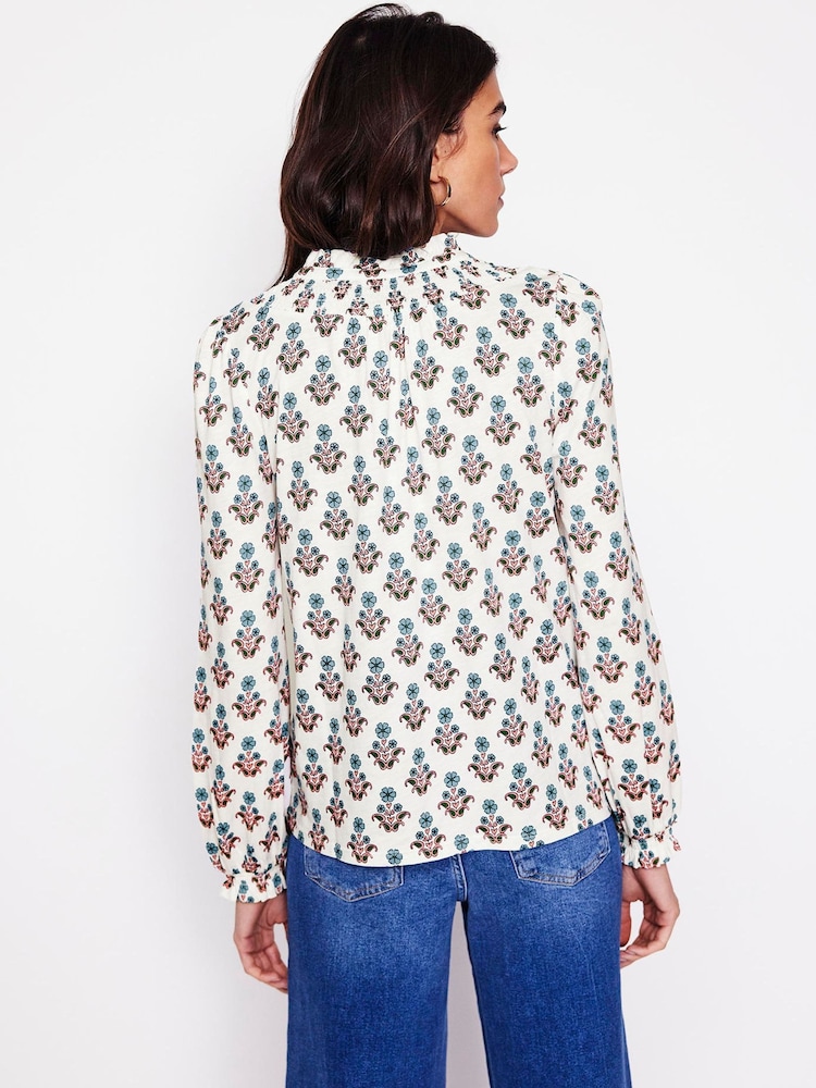 Boden Cream Fay Smocked Jersey Shirt - Image 2 of 5 Boden Cream Fay Smocked Jersey Shirt - Image 2 of 5