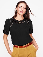 Boden Black Mila Trim Detail 100% Cotton Top - Image 1 of 6
