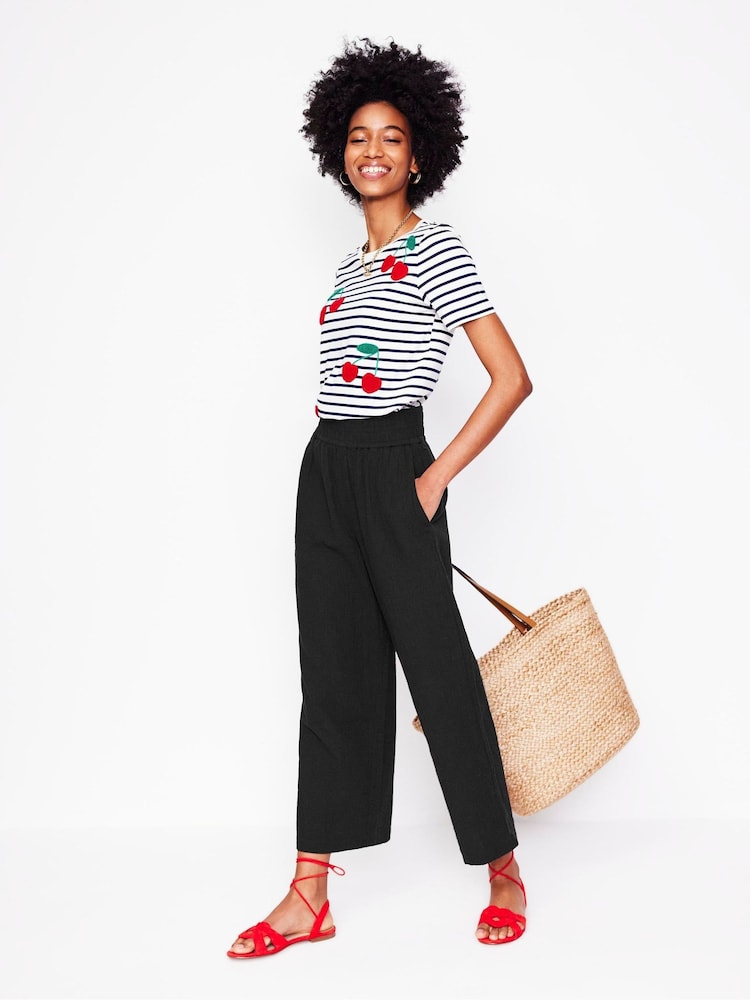 Boden Black Cropped Double Cloth 100% Cotton Trousers - Image 1 of 6