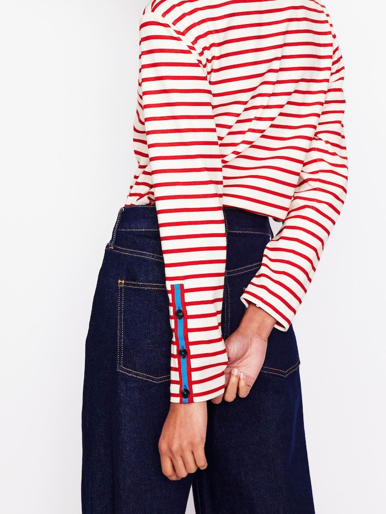 Boden Red Button Cuff Breton 100% Cotton Top - Image 2 of 5