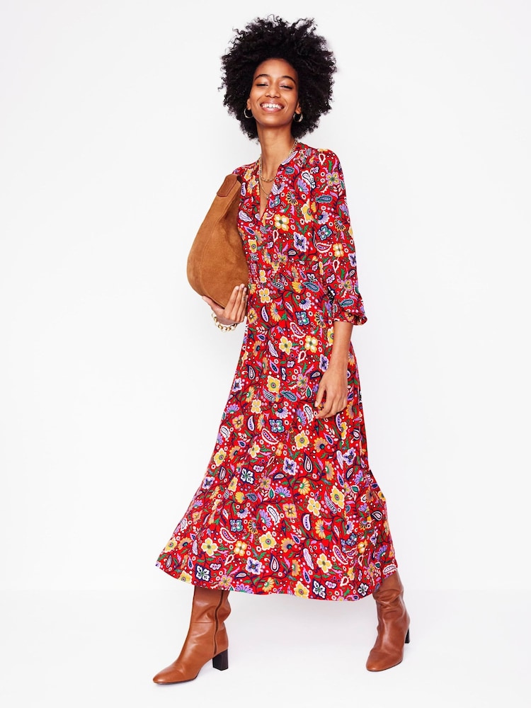 Boden Red Ivy Smocked Midi Dress - Image 1 of 6