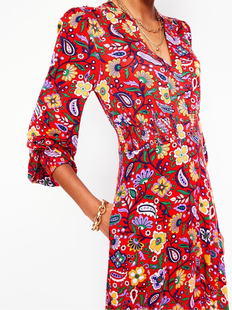 Boden Red Ivy Smocked Midi Dress - Image 2 of 6