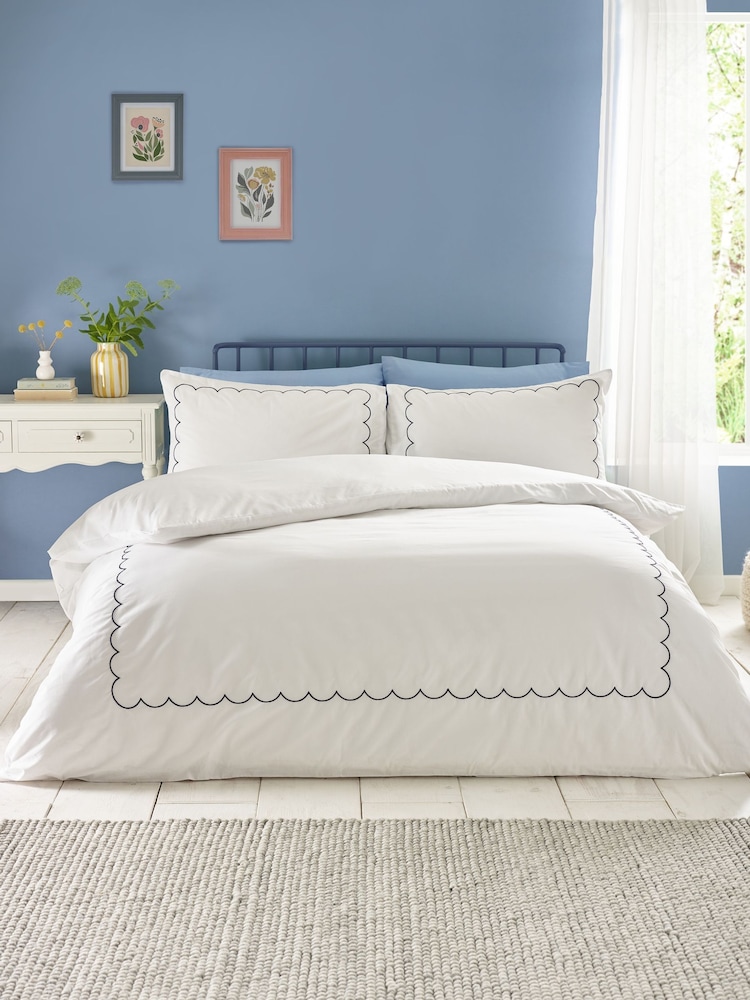Catherine Lansfield Blue Scallop Border Embroidery Duvet Cover Set - Image 1 of 3 Catherine Lansfield Blue Scallop Border Embroidery Duvet Cover Set - Image 1 of 3