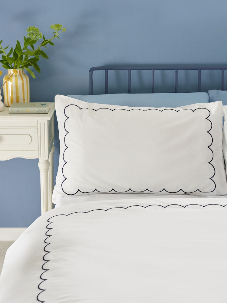 Catherine Lansfield Blue Scallop Border Embroidery Duvet Cover Set - Image 2 of 3 Catherine Lansfield Blue Scallop Border Embroidery Duvet Cover Set - Image 2 of 3