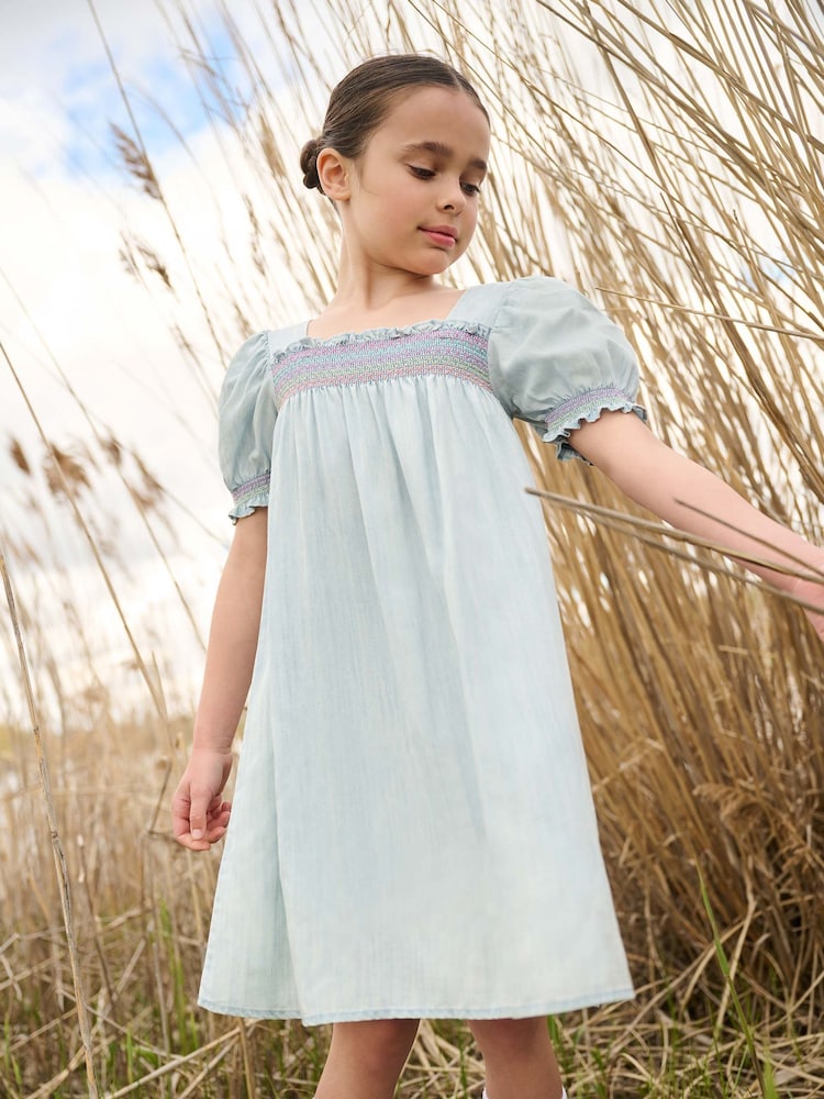 Hatley Soft Blue Denim Puff Sleeve Smocked Dress - Image 1 of 3