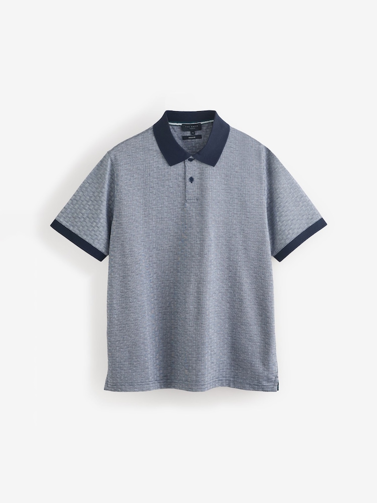 Ted Baker Blue Auguso Short Sleeve Regular Tonal Jacquard 100% Cotton Polo Shirt - Image 1 of 4