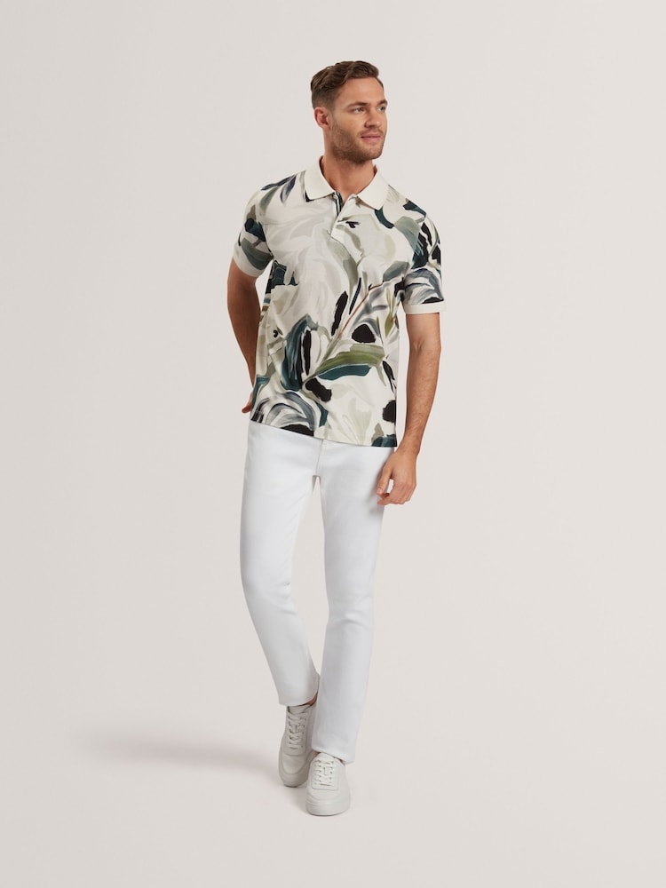 Ted Baker Cream Kivem Short Sleeve 100% Cotton Floral Print Polo Shirt - Image 3 of 6
