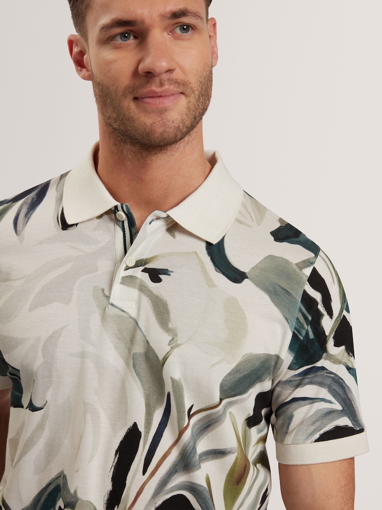 Ted Baker Cream Kivem Short Sleeve 100% Cotton Floral Print Polo Shirt - Image 4 of 6