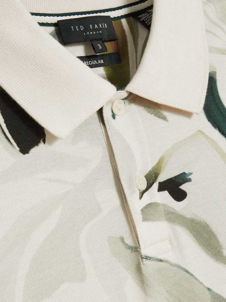 Ted Baker Cream Kivem Short Sleeve 100% Cotton Floral Print Polo Shirt - Image 5 of 6