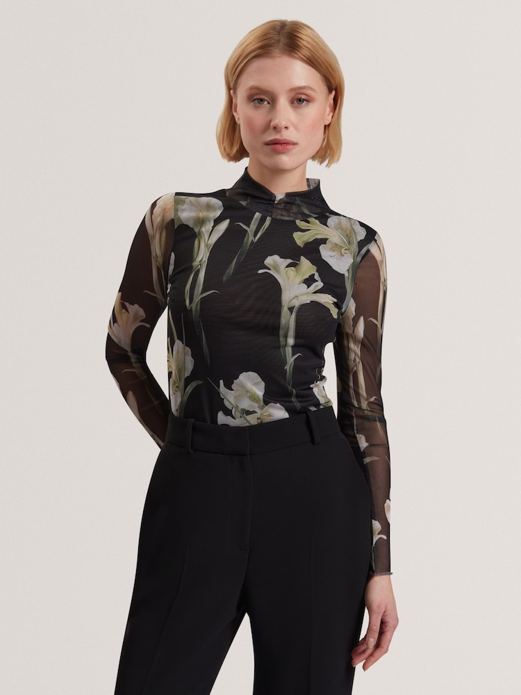 Ted Baker Black Fiaahh-High Neck Mesh Printed Top - Image 1 of 6