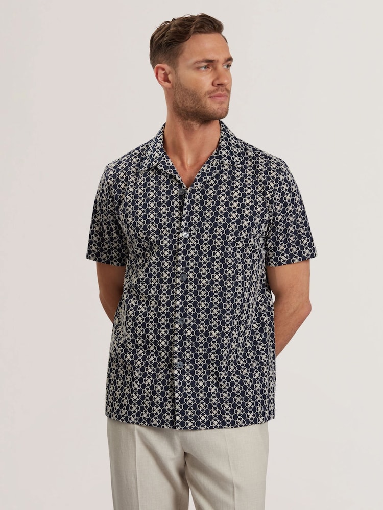 Ted Baker Blue Relaxed Finlays Short Sleeve Embroidered Shirt - Image 1 of 5