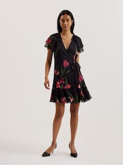 Ted Baker Black Fasnia Angel Sleeve Wrap Mini Dress - Image 1 of 7