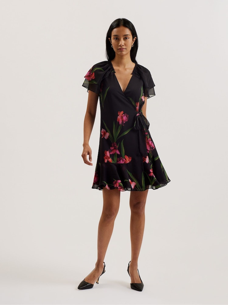 Ted Baker Black Fasnia Angel Sleeve Wrap Mini Dress - Image 1 of 7