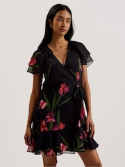 Ted Baker Black Fasnia Angel Sleeve Wrap Mini Dress - Image 2 of 7