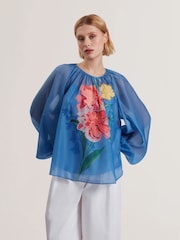 Ted Baker Blue Alria-Printed Organza Puff Sleeve Blouse - Image 1 of 5