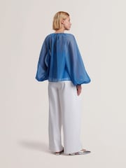 Ted Baker Blue Alria-Printed Organza Puff Sleeve Blouse - Image 2 of 5
